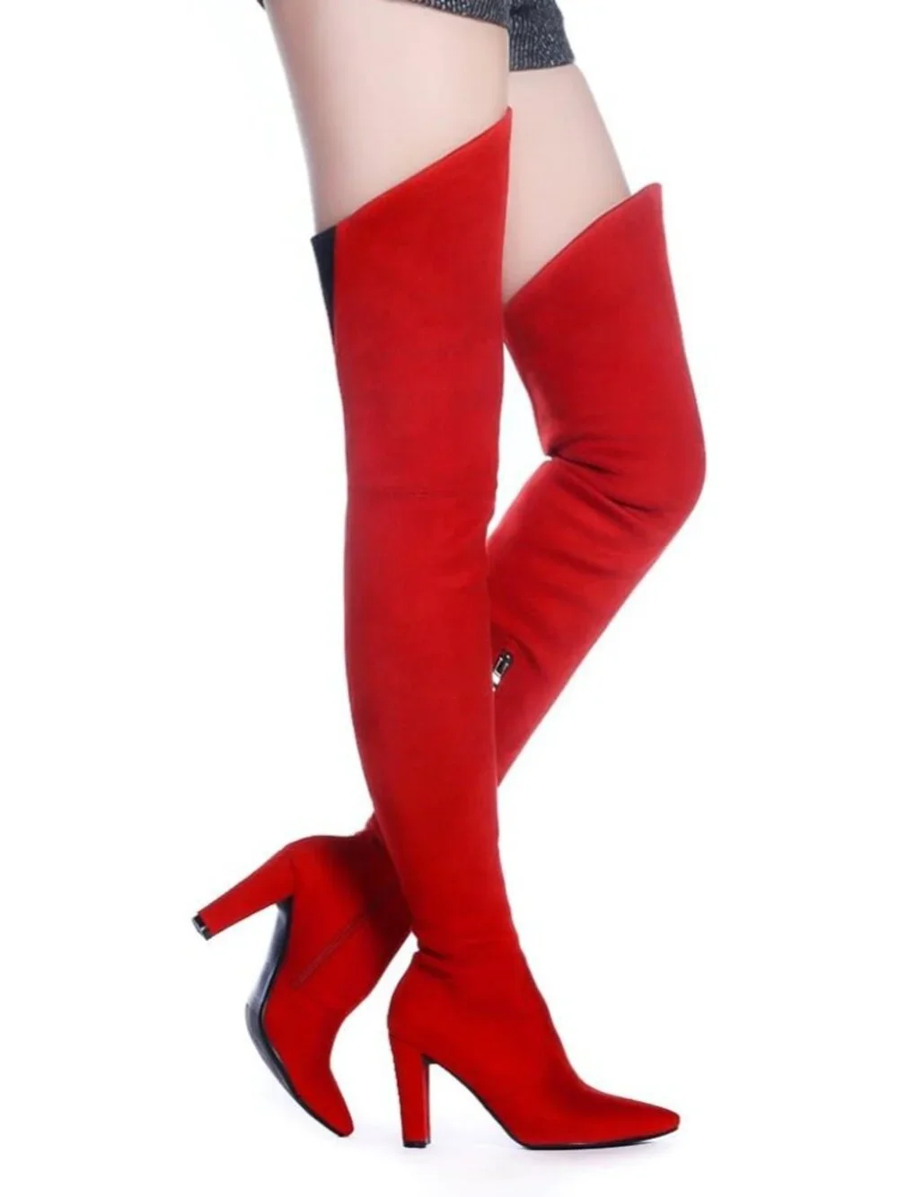 Women's Red Suede Stretch Chunky Heel Over Shaft Length Knee Boots Thigh High